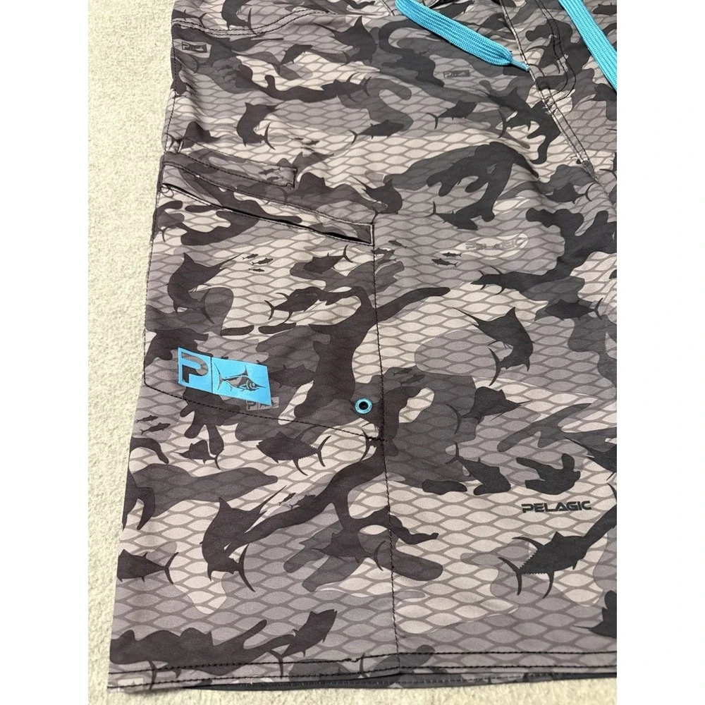 Pelagic 4Tek Fish Camo 2 Gray Board Shorts Men 40 Swim Trunks Pocket Drawstring